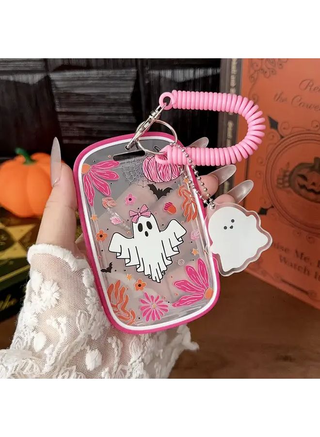 Pink Pumpkin Ghost ID Card Holder Keychain Wallet with Slide Cover - Image 1